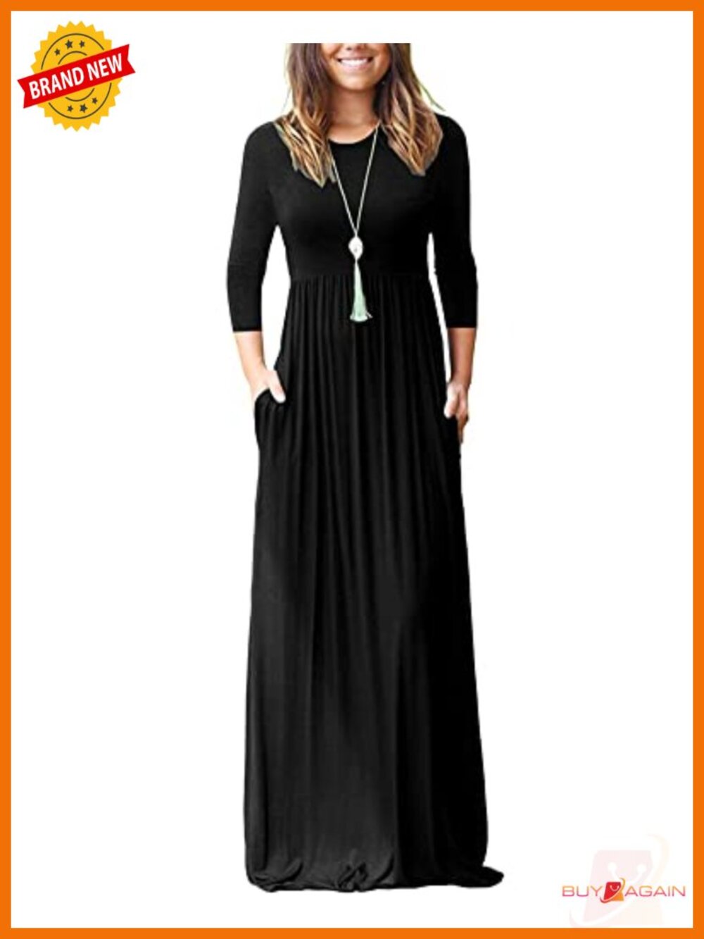 Women's 3/4 Sleeve Maxi Dress with Pockets Loose Casual Long A-Line